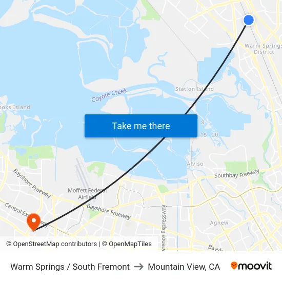 Warm Springs / South Fremont to Mountain View, CA map