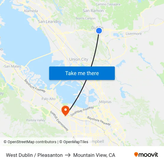 West Dublin / Pleasanton to Mountain View, CA map
