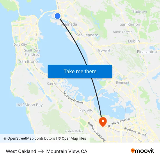 West Oakland to Mountain View, CA map