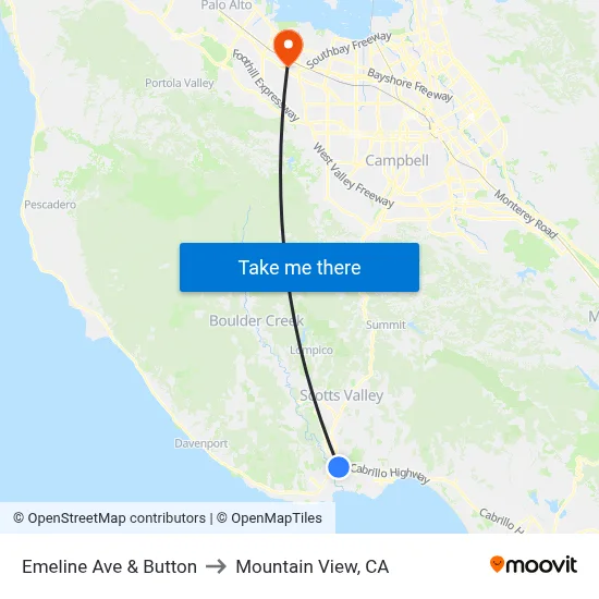 Emeline Ave & Button to Mountain View, CA map