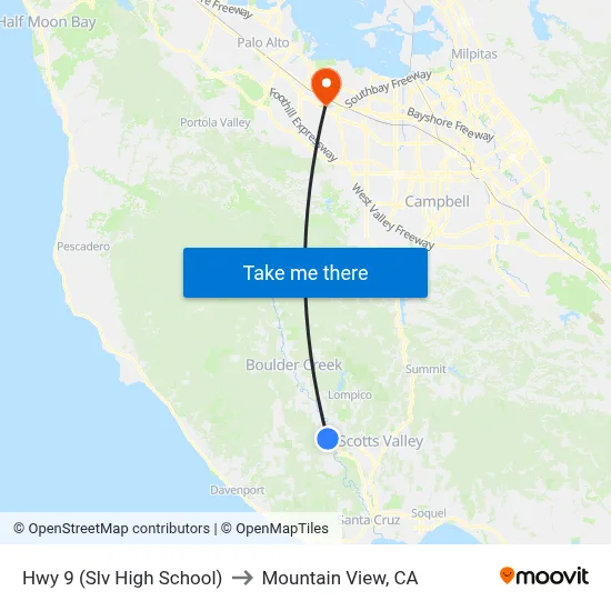 Hwy 9 (Slv High School) to Mountain View, CA map