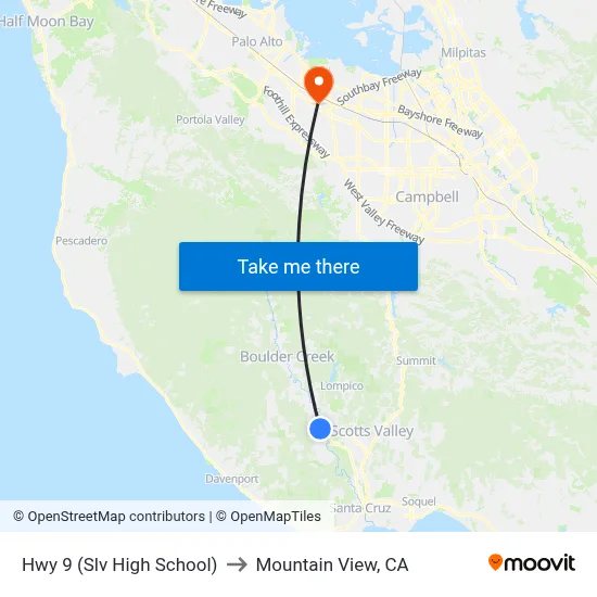 Hwy 9 (Slv High School) to Mountain View, CA map