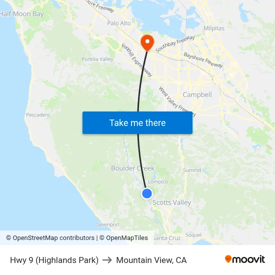Hwy 9 (Highlands Park) to Mountain View, CA map