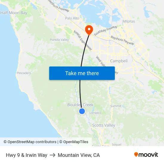 Hwy 9 & Irwin Way to Mountain View, CA map