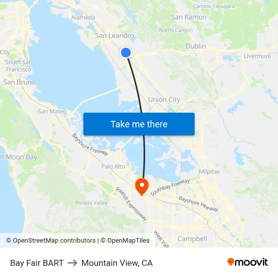 Bay Fair BART to Mountain View, CA map