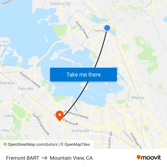 Fremont BART to Mountain View, CA map