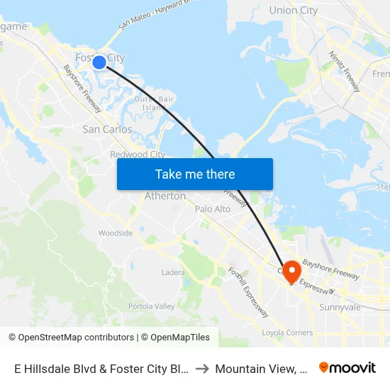 E Hillsdale Blvd & Foster City Blvd to Mountain View, CA map