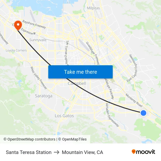 Santa Teresa Station to Mountain View, CA map