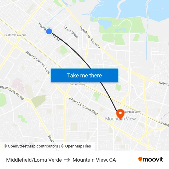 Middlefield/Loma Verde to Mountain View, CA map