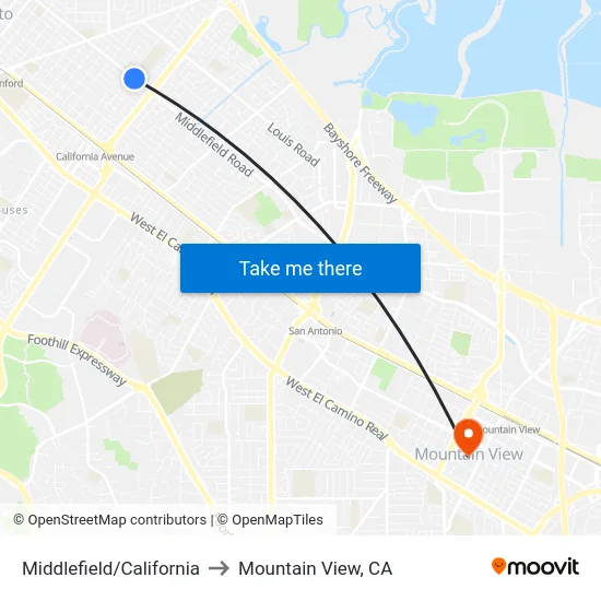Middlefield/California to Mountain View, CA map