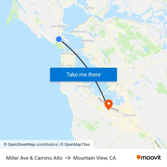 Miller Ave & Camino Alto to Mountain View, CA map
