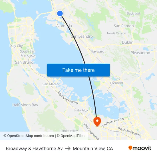 Broadway & Hawthorne Av to Mountain View, CA map