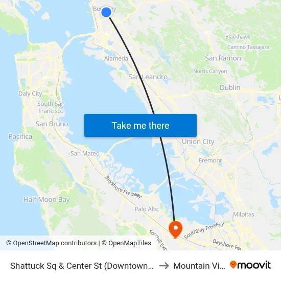 Shattuck Sq & Center St (Downtown Berkeley BART) to Mountain View, CA map