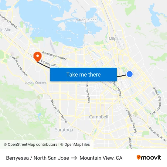 Berryessa / North San Jose to Mountain View, CA map