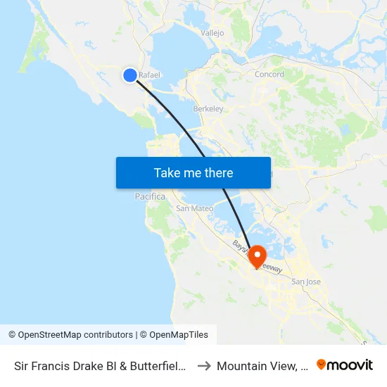 Sir Francis Drake Bl & Butterfield Rd to Mountain View, CA map