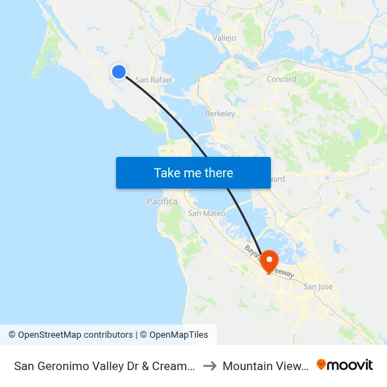 San Geronimo Valley Dr & Creamery Rd to Mountain View, CA map