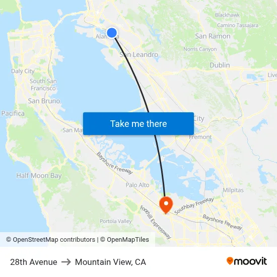 28th Avenue to Mountain View, CA map