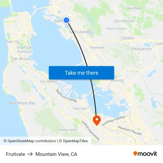 Fruitvale to Mountain View, CA map