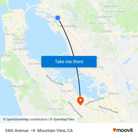 54th Avenue to Mountain View, CA map