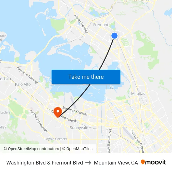 Washington Blvd & Fremont Blvd to Mountain View, CA map