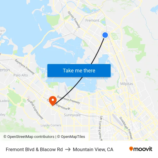 Fremont Blvd & Blacow Rd to Mountain View, CA map