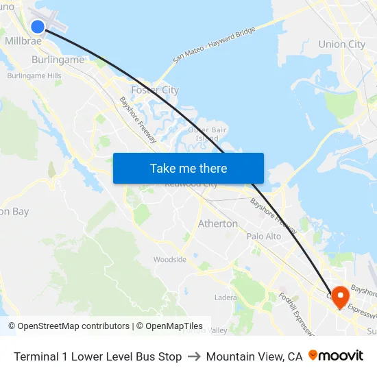Terminal 1 Lower Level Bus Stop to Mountain View, CA map