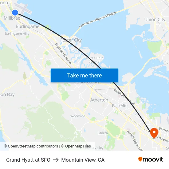 Grand Hyatt at SFO to Mountain View, CA map