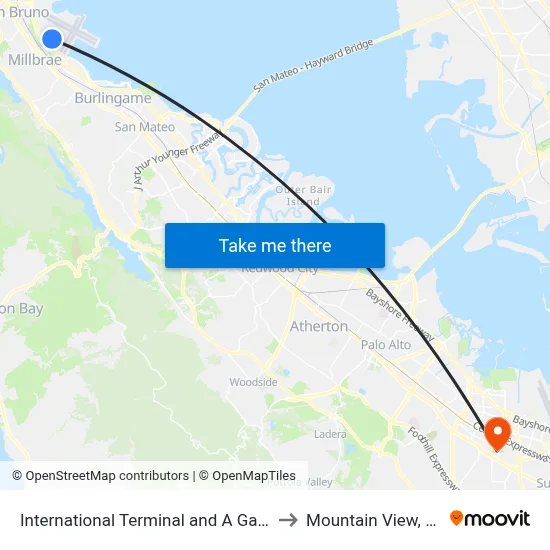 International Terminal and A Gates to Mountain View, CA map