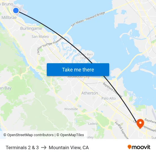Terminals 2 & 3 to Mountain View, CA map