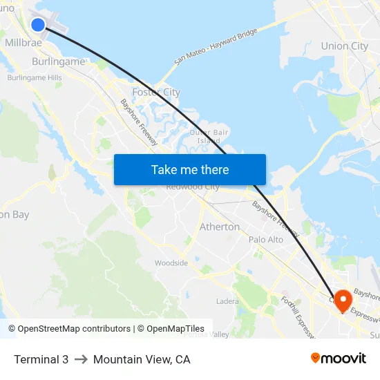 Terminal 3 to Mountain View, CA map