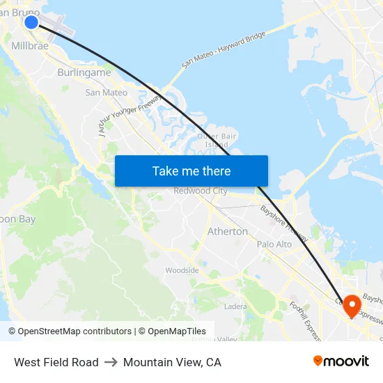 West Field Road to Mountain View, CA map