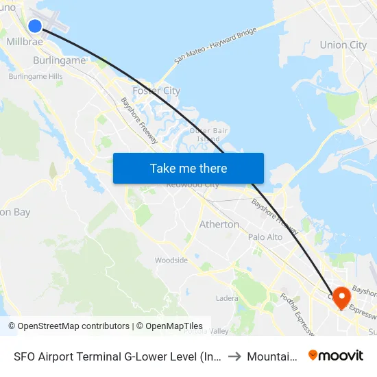SFO Airport Terminal G-Lower Level (International Terminal Courtyard) to Mountain View, CA map
