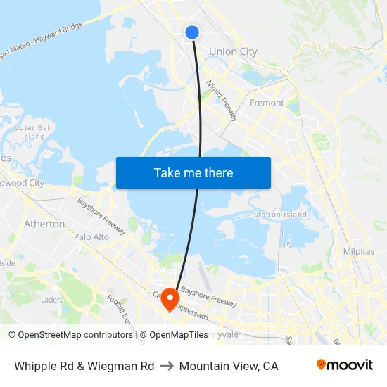 Whipple Rd & Wiegman Rd to Mountain View, CA map