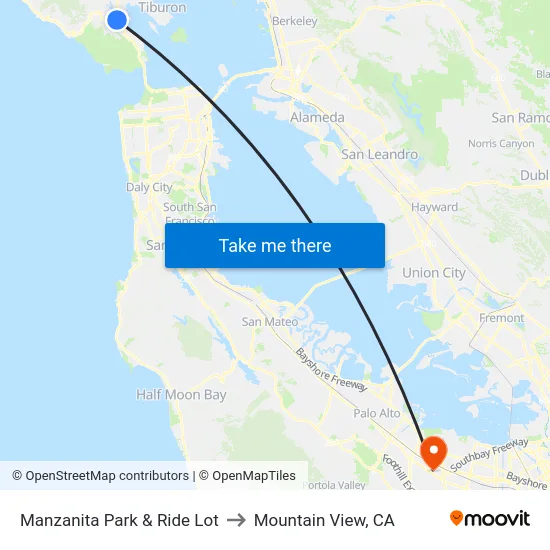 Manzanita Park & Ride Lot to Mountain View, CA map