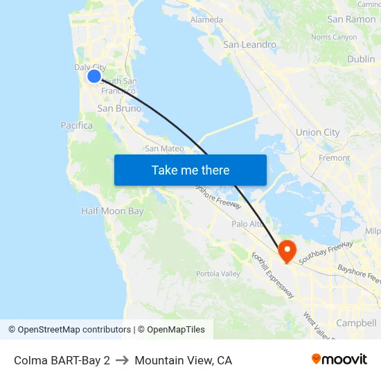 Colma BART-Bay 2 to Mountain View, CA map