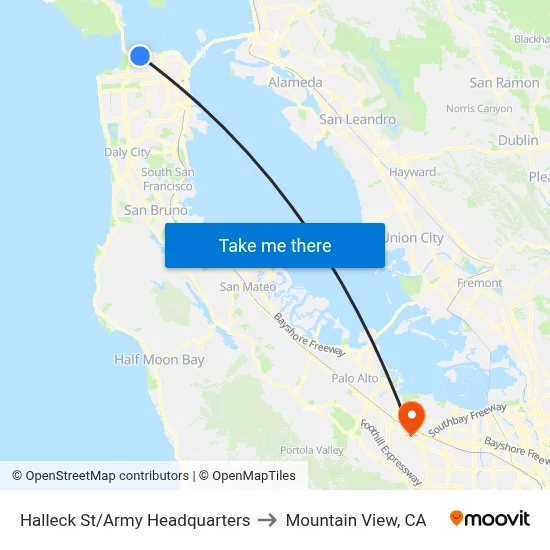 Halleck St/Army Headquarters to Mountain View, CA map