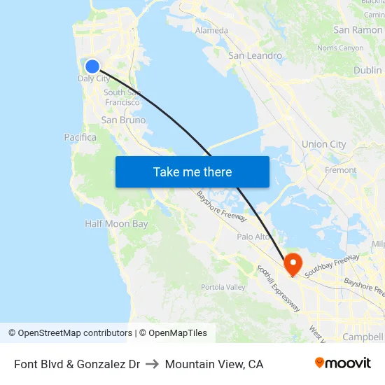 Font Blvd & Gonzalez Dr to Mountain View, CA map