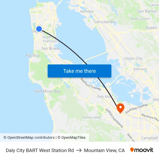 Daly City BART West Station Rd to Mountain View, CA map