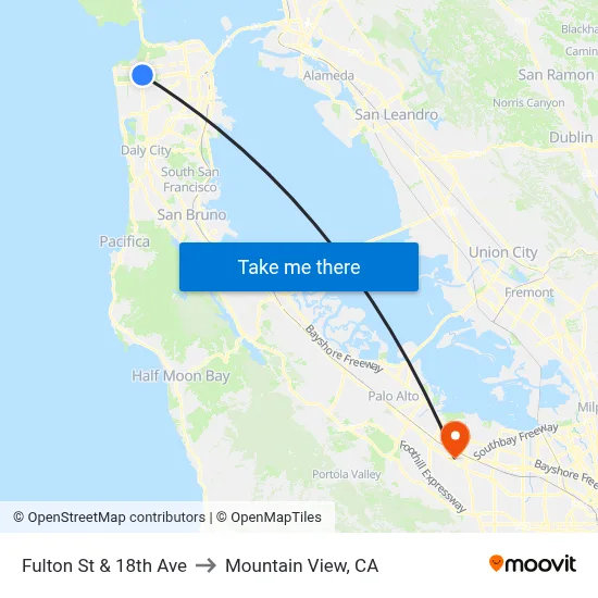Fulton St & 18th Ave to Mountain View, CA map