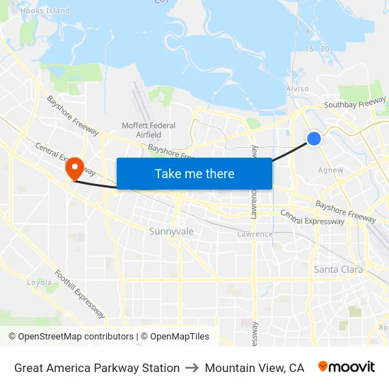 Great America Parkway Station to Mountain View, CA map