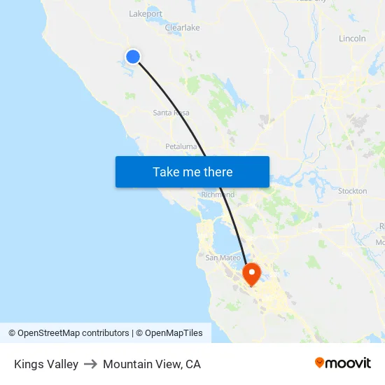 Kings Valley to Mountain View, CA map