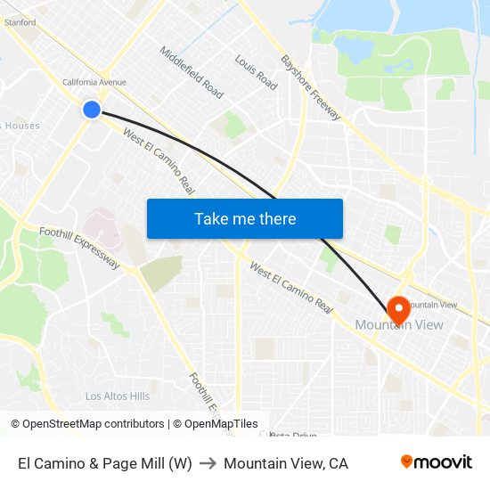 El Camino & Page Mill (W) to Mountain View, CA map