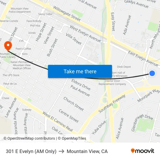 301 E Evelyn (AM Only) to Mountain View, CA map