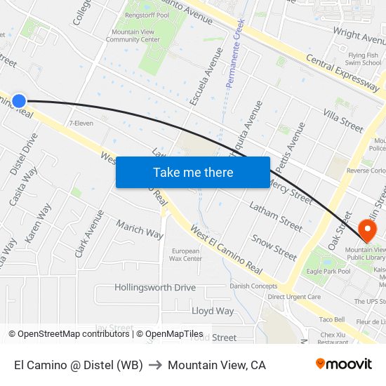 El Camino @ Distel (WB) to Mountain View, CA map