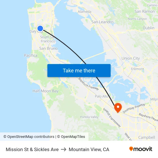 Mission St & Sickles Ave to Mountain View, CA map