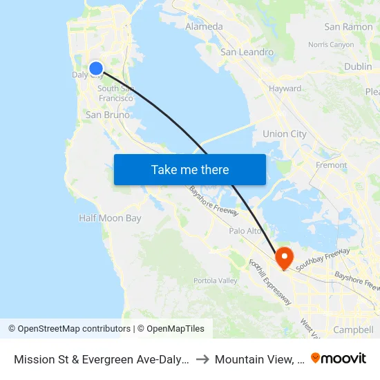 Mission St & Evergreen Ave-Daly City to Mountain View, CA map