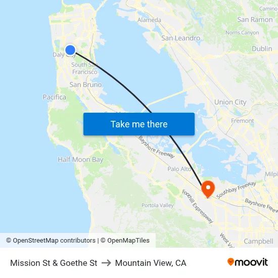 Mission St & Goethe St to Mountain View, CA map