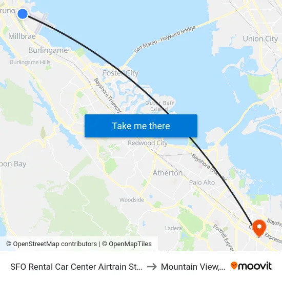 SFO Rental Car Center Airtrain Station to Mountain View, CA map