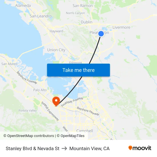 Stanley Blvd & Nevada St to Mountain View, CA map