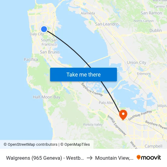 Walgreens (965 Geneva) - Westbound to Mountain View, CA map